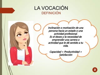 LA VOCACIÓN
DEFINICIÓN
Inclinación o motivación de una
persona hacia un estado o una
actividad profesional.
Es el deseo y la necesidad de
emprender una carrera o
actividad que le dé sentido a tu
vida.
Capacidad + Productividad +
Satisfacción
2
 