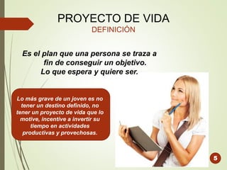 5
PROYECTO DE VIDA
DEFINICIÓN
Es el plan que una persona se traza a
fin de conseguir un objetivo.
Lo que espera y quiere ser.
Lo más grave de un joven es no
tener un destino definido, no
tener un proyecto de vida que lo
motive, incentive a invertir su
tiempo en actividades
productivas y provechosas.
 