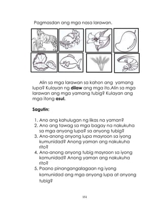 151
Pagmasdan ang mga nasa larawan.
Alin sa mga larawan sa kahon ang yamang
lupa? Kulayan ng dilaw ang mga ito.Alin sa mga
larawan ang mga yamang tubig? Kulayan ang
mga itong asul.
Sagutin:
1. Ano ang kahulugan ng likas na yaman?
2. Ano ang tawag sa mga bagay na nakukuha
sa mga anyong lupa? sa anyong tubig?
3. Ano-anong anyong lupa mayroon sa iyong
kumunidad? Anong yaman ang nakukuha
rito?
4. Ano-anong anyong tubig mayroon sa iyong
komunidad? Anong yaman ang nakukuha
rito?
5. Paano pinangangalagaan ng iyong
komunidad ang mga anyong lupa at anyong
tubig?
 
