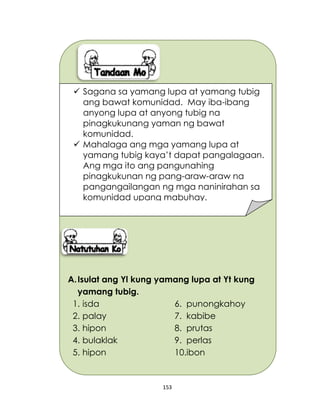 153
A.Isulat ang Yl kung yamang lupa at Yt kung
yamang tubig.
1. isda 6. punongkahoy
2. palay 7. kabibe
3. hipon 8. prutas
4. bulaklak 9. perlas
5. hipon 10.ibon
 Sagana sa yamang lupa at yamang tubig
ang bawat komunidad. May iba-ibang
anyong lupa at anyong tubig na
pinagkukunang yaman ng bawat
komunidad.
 Mahalaga ang mga yamang lupa at
yamang tubig kaya’t dapat pangalagaan.
Ang mga ito ang pangunahing
pinagkukunan ng pang-araw-araw na
pangangailangan ng mga naninirahan sa
komunidad upang mabuhay.
 