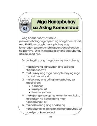 155
Ang hanapbuhay ay isa sa
pinakamahalagang aspeto ng isang komunidad.
Ang kinikita sa paghahanapbuhay ang
tumutugon sa pangunahing pangangailangan
ng pamilya. Dito rin nakasalalay ang ikabubuhay
at ikauunlad nila.
Sa araling ito, ang mag-aaral ay inaasahang:
1. mabibigyang-kahulugan ang salitang
“hanapbuhay”;
2. matutukoy ang mga hanapbuhay ng mga
tao sa komunidad;
3. maiuugnay ang uri ng hanapbuhay sa
kapaligiran:
 panahon;
 lokasyon; at
 likas na yaman;
4. makapangangalap ng kuwento tungkol sa
karanasan ng isang taong may
hanapbuhay; at
5. maipaliliwanag ang epekto ng
hanapbuhay o kawalan ng hanapbuhay sa
pamilya at komunidad
 