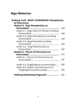 iv
Mga Nilalaman
Ikatlong Yunit: BUHAY KOMUNIDAD: Hanapbuhay
at Pamumuno
Modyul 5: Mga Hanapbuhay sa
Komunidad .................................................. 143
Aralin 5.1. Mga Likas na Yaman sa Aking
Komunidad .............................................. 146
Aralin 5.2. Mga Hanapbuhay sa Aking
Komunidad .............................................. 152
Aralin 5.3. Mga Produkto sa Aking
Komunidad .............................................. 162
Aralin 5.4. Ang Pamumuhay sa
Komunidad .............................................. 169
Modyul 6: Pinuno at Pamumuno sa
Komunidad .................................................. 177
Aralin 6.1. Pinuno at Pamumuno sa
Komunidad .............................................. 179
Aralin 6.2. Paglilingkod sa Komunidad ..... 187
Aralin 6.3. Epekto ng Pamumuno at
Paglilingkod sa Komunidad ................... 196
Ikatlong Markahang Pagsusulit .................... 204
 