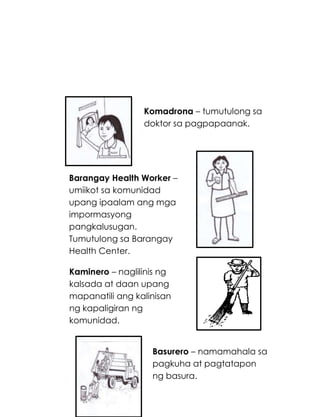 193
Kaminero – naglilinis ng
kalsada at daan upang
mapanatili ang kalinisan
ng kapaligiran ng
komunidad.
Komadrona – tumutulong sa
doktor sa pagpapaanak.
Basurero – namamahala sa
pagkuha at pagtatapon
ng basura.
Barangay Health Worker –
umiikot sa komunidad
upang ipaalam ang mga
impormasyong
pangkalusugan.
Tumutulong sa Barangay
Health Center.
 