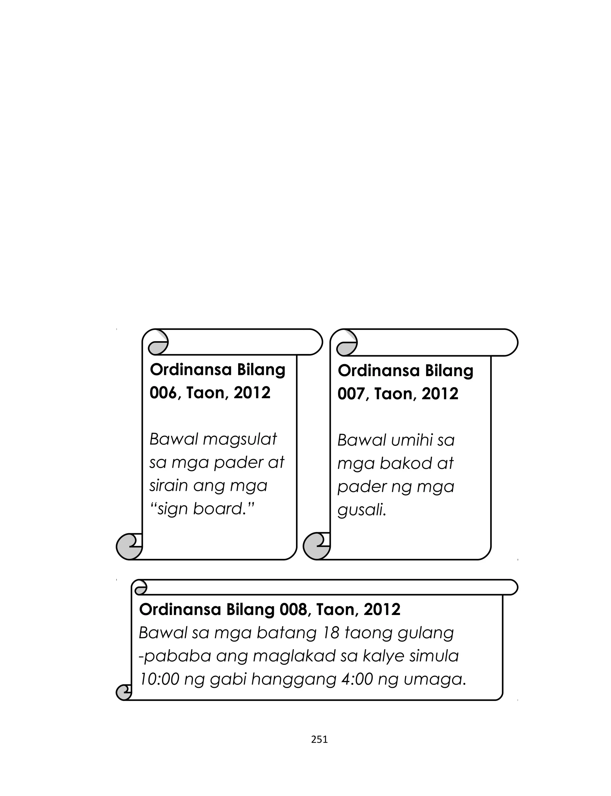 251
Ordinansa Bilang
006, Taon, 2012
Bawal magsulat
sa mga pader at
sirain ang mga
“sign board.”
Ordinansa Bilang
007, Taon, 2012
Bawal umihi sa
mga bakod at
pader ng mga
gusali.
Ordinansa Bilang 008, Taon, 2012
Bawal sa mga batang 18 taong gulang
-pababa ang maglakad sa kalye simula
10:00 ng gabi hanggang 4:00 ng umaga.
 