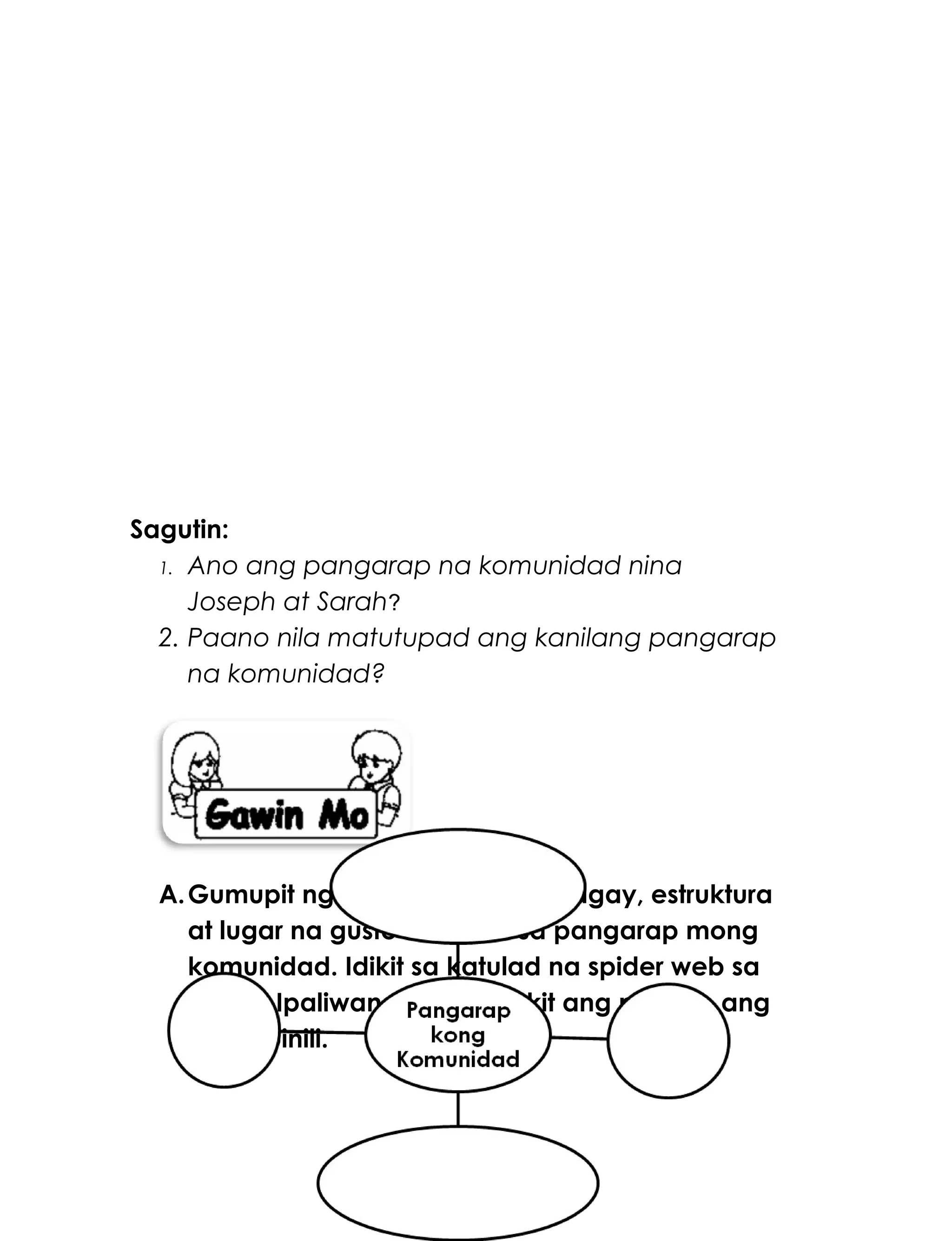 Sagutin:
1. Ano ang pangarap na komunidad nina
Joseph at Sarah?
2. Paano nila matutupad ang kanilang pangarap
na komunidad?
A.Gumupit ng larawan ng mga bagay, estruktura
at lugar na gusto mo para sa pangarap mong
komunidad. Idikit sa katulad na spider web sa
ibaba. Ipaliwanag kung bakit ang mga ito ang
iyong pinili.
268
 