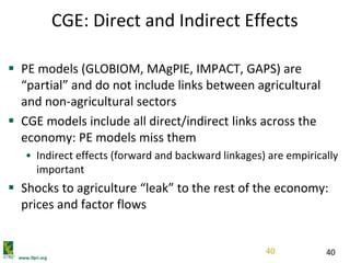 www.ifpri.org
40
CGE: Direct and Indirect Effects
 PE models (GLOBIOM, MAgPIE, IMPACT, GAPS) are
“partial” and do not include links between agricultural
and non-agricultural sectors
 CGE models include all direct/indirect links across the
economy: PE models miss them
• Indirect effects (forward and backward linkages) are empirically
important
 Shocks to agriculture “leak” to the rest of the economy:
prices and factor flows
40
 