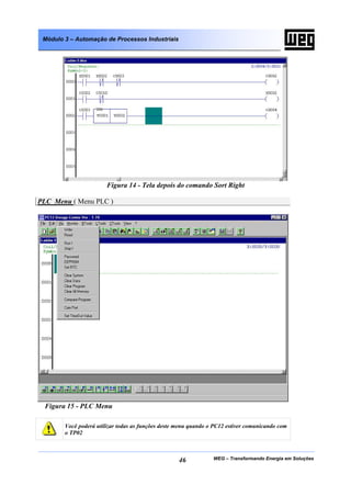 Módulo 3 – Automação de Processos Industriais




                        Figura 14 - Tela depois do comando Sort Right

PLC Menu ( Menu PLC )




 Figura 15 - PLC Menu

        Você poderá utilizar todas as funções deste menu quando o PC12 estiver comunicando com
        o TP02



                                                    46           WEG – Transformando Energia em Soluções
 