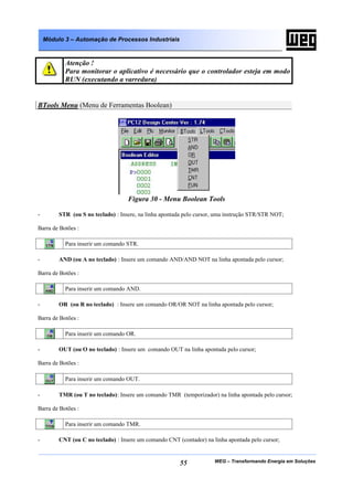 Módulo 3 – Automação de Processos Industriais



           Atenção !
           Para monitorar o aplicativo é necessário que o controlador esteja em modo
           RUN (executando a varredura)


BTools Menu (Menu de Ferramentas Boolean)




                                    Figura 30 - Menu Boolean Tools

-        STR (ou S no teclado) : Insere, na linha apontada pelo cursor, uma instrução STR/STR NOT;

Barra de Botões :

           Para inserir um comando STR.

-        AND (ou A no teclado) : Insere um comando AND/AND NOT na linha apontada pelo cursor;

Barra de Botões :

           Para inserir um comando AND.

-        OR (ou R no teclado) : Insere um comando OR/OR NOT na linha apontada pelo cursor;

Barra de Botões :

           Para inserir um comando OR.

-        OUT (ou O no teclado) : Insere um comando OUT na linha apontada pelo cursor;

Barra de Botões :

           Para inserir um comando OUT.

-        TMR (ou T no teclado): Insere um comando TMR (temporizador) na linha apontada pelo cursor;

Barra de Botões :

           Para inserir um comando TMR.

-        CNT (ou C no teclado) : Insere um comando CNT (contador) na linha apontada pelo cursor;


                                                        55            WEG – Transformando Energia em Soluções
 