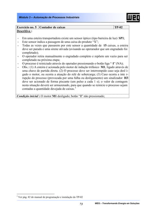 Módulo 3 – Automação de Processos Industriais


Exercício no. 5 Contador de caixas                                                TP-02
Descritivo :

-      Em uma esteira transportadora existe um sensor óptico (tipo barreira de luz) SP1;
-      Este sensor indica a passagem de uma caixa do produto “X”;
-      Todas as vezes que passarem por este sensor a quantidade de 15 caixas, a esteira
       deve ser parada e uma sirene ativada (avisando ao operarador que um engradado foi
       completado);
-      O operador retira manualmente o engradado completo e repõem um vazio para ser
       completado na próxima etapa;
-      O processo é reiniciado através do operador pressionando o botão liga “ I” (NA);
-      Obs.: (1) A esteira é acionada pelo motor de indução trifásico M1, ligado através de
       uma chave de partida direta. (2) O processo deve ser interrompido caso seja desl i-
       gado o motor, ou ocorra a atuação do relé de sobercarga; (3) Caso ocorra a inte r-
       rupção do processo (provocada por uma falha ou desligamento) um sinalizador H3
       deve ser acionado de forma piscante (um pulso a cada 1 s); o valor da contagem
       nesta situação deverá ser armazenado, para que quando se reinicie o processo sejam
       contadas a quantidade desejada de caixas. 3

Condição inicial : O motor M1 desligado; botão “I” não pressionado;




3
    Ver pág. 82 do manual de programação e instalação do TP-02

                                                           73    WEG – Transformando Energia em Soluções
 