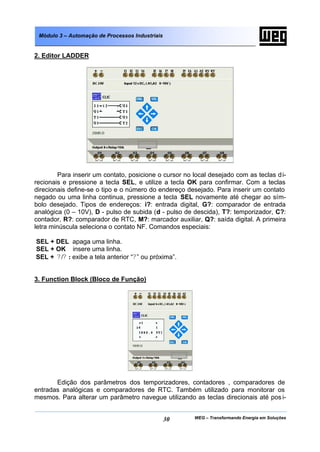 WEG – Transformando Energia em Soluções30
Módulo 3 – Automação de Processos Industriais
2. Editor LADDER
Para inserir um contato, posicione o cursor no local desejado com as teclas di-
recionais e pressione a tecla SEL, e utilize a tecla OK para confirmar. Com a teclas
direcionais define-se o tipo e o número do endereço desejado. Para inserir um contato
negado ou uma linha continua, pressione a tecla SEL novamente até chegar ao sím-
bolo desejado. Tipos de endereços: i?: entrada digital, G?: comparador de entrada
analógica (0 – 10V), D - pulso de subida (d - pulso de descida), T?: temporizador, C?:
contador, R?: comparador de RTC, M?: marcador auxiliar, Q?: saída digital. A primeira
letra minúscula seleciona o contato NF. Comandos especiais:
SEL + DEL apaga uma linha.
SEL + OK insere uma linha.
SEL + ? /? : exibe a tela anterior “?” ou próxima”.
3. Function Block (Bloco de Função)
Edição dos parâmetros dos temporizadores, contadores , comparadores de
entradas analógicas e comparadores de RTC. Também utilizado para monitorar os
mesmos. Para alterar um parâmetro navegue utilizando as teclas direcionais até pos i-
 