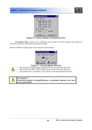 WEG – Transformando Energia em Soluções50
Módulo 3 – Automação de Processos Industriais
Figura 21 - Caixa de diálogo Communication Port
- Set Timeout Value ( Ajuste de erro ) :Define por quanto tempo o PC12 deve aguardar uma resposta do
controlador quando for solicitado uma transmissão de dados;
Quando escolhida esta opção surgirá na tela a seguinte caixa de diálogo :
Figura 22 - Caixa de diálogo Time Out
- Para conexão com modem ajustar este parâmetro com um valor maior igual a 08;
- Para conexão com OP05 / OP06 ou OP32 ajustar com um valor maior igual a 10;
- Para conexão entre o controlador e o PC12 ajustar o valor deste parâmetro igual a 01.
Não Esqueça !
O aplicativo poderá ser transferido para o controlador somente com o mes-
mo no modo STOP
 