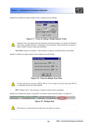 WEG – Transformando Energia em Soluções54
Módulo 3 – Automação de Processos Industriais
Quando for escolhida esta opção surgirá na tela a seguinte caixa de diálogo :
Figura 27 - Caixa de diálogo Modify Register Value
Algumas vezes esta função pode não funcionar na primeira tentativa, em função do Windows
estar muito ocupado durante a monitoração. Será necessário então pressionar novamente o
botão “modify” até que o dado seja transferido.
- Scan Time ( tempo de varredura ) : Para conhecer o tempo de varredura atual do controlador;
Quando escolhida esta opção surgirá na tela a seguinte caixa de diálogo :
Figura 28 - Caixa de diálogo Scan Time
O tempo máximo de scan para o TP02 é 200 ms. Caso o tempo de scan seja maior que 200 ms
o controlador entrará em modo ERROR.
- RTC ( Relógio real ) : Para monitorar o relógio de tempo real do controlador;
Quando for escolhida esta opção o campo RTC irá mostrar o ajuste atual do relógio ( ver figura 25 ).
Para desativar a monitoração basta selecionar esta opção novamente.
Figura 29 - Relógio Real
 