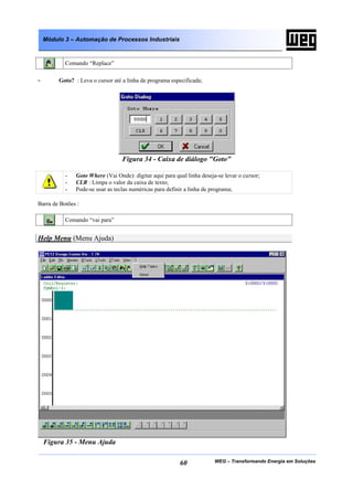 WEG – Transformando Energia em Soluções60
Módulo 3 – Automação de Processos Industriais
Comando “Replace”
- Goto? : Leva o cursor até a linha de programa especificada;
Figura 34 - Caixa de diálogo "Goto"
- Goto Where (Vai Onde): digitar aqui para qual linha deseja-se levar o cursor;
- CLR : Limpa o valor da caixa de texto;
- Pode-se usar as teclas numéricas para definir a linha de programa;
Barra de Botões :
Comando “vai para”
Help Menu (Menu Ajuda)
Figura 35 - Menu Ajuda
 