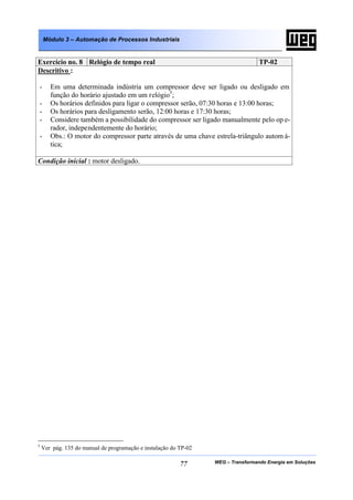 WEG – Transformando Energia em Soluções77
Módulo 3 – Automação de Processos Industriais
Exercício no. 8 Relógio de tempo real TP-02
Descritivo :
- Em uma determinada indústria um compressor deve ser ligado ou desligado em
função do horário ajustado em um relógio5
;
- Os horários definidos para ligar o compressor serão, 07:30 horas e 13:00 horas;
- Os horários para desligamento serão, 12:00 horas e 17:30 horas;
- Considere também a possibilidade do compressor ser ligado manualmente pelo op e-
rador, independentemente do horário;
- Obs.: O motor do compressor parte através de uma chave estrela-triângulo autom á-
tica;
Condição inicial : motor desligado.
5
Ver pág. 135 do manual de programação e instalação do TP-02
 