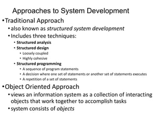 Approaches to System Development
•Traditional Approach
•also known as structured system development
•Includes three techniques:
• Structured analysis
• Structured design
• Loosely coupled
• Highly cohesive
• Structured programming
• A sequence of program statements
• A decision where one set of statements or another set of statements executes
• A repetition of a set of statements
•Object Oriented Approach
•views an information system as a collection of interacting
objects that work together to accomplish tasks
•system consists of objects
 