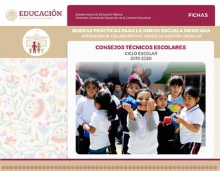 Subsecretaría de Educación Básica
Dirección General de Desarrollo de la Gestión Educativa
APRENDIZAJE COLABORATIVO DESDE LA GESTIÓN ESCOLAR
BUENAS PRÁCTICAS PARA LA NUEVA ESCUELA MEXICANA
FICHAS
CONSEJOS TÉCNICOS ESCOLARES
CICLO ESCOLAR
2019-2020
 
