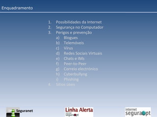 Possibilidades da Internet Segurança no Computador Perigos e prevenção Blogues Telemóveis Vírus Redes Sociais Virtuais Chats e IMs Peer-to-Peer Correio electrónico Cyberbullyng Phishing  Sítios úteis Enquadramento Seguranet 