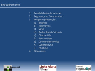 EnquadramentoPossibilidades da InternetSegurança no ComputadorPerigos e prevençãoBloguesTelemóveisVírusRedes Sociais VirtuaisChats e IMsPeer-to-PeerCorreio electrónicoCyberbullyngPhishingSítios úteisSeguranet