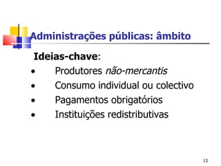 Administrações públicas: âmbito   Ideias-chave :           Produtores  não-mercantis           Consumo individual ou colectivo            Pagamentos obrigatórios            Instituições redistributivas   