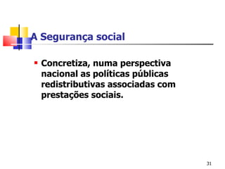 A Segurança social C oncretiza, numa perspectiva nacional as políticas públicas redistributivas associadas com prestações sociais .   