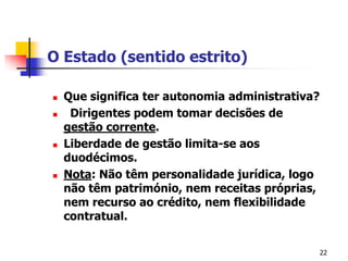 22O Estado (sentido estrito)Que significa ter autonomia administrativa?	Dirigentes podem tomar decisões de gestão corrente.Liberdade de gestão limita-se aos duodécimos.Nota: Não têm personalidade jurídica, logo não têm património, nem receitas próprias, nem recurso ao crédito, nem flexibilidade contratual.