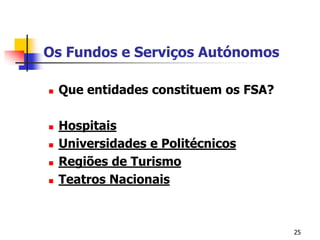 25Os Fundos e Serviços AutónomosQue entidades constituem os FSA?HospitaisUniversidades e PolitécnicosRegiões de TurismoTeatros Nacionais