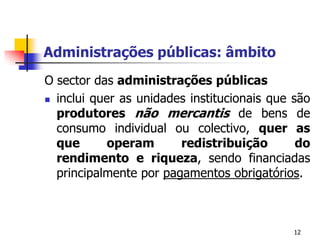 12Administrações públicas: âmbitoO sector das administrações públicasincluiquer as unidades institucionais quesãoprodutoresnãomercantisde bens de consumo individual oucolectivo, quer as queoperamredistribuição do rendimento e riqueza, sendofinanciadasprincipalmenteporpagamentosobrigatórios.