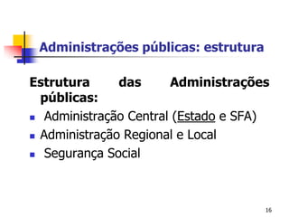 16Administrações públicas: estruturaEstrutura das Administrações públicas: Administração Central (Estado e SFA)Administração Regional e Local Segurança Social
