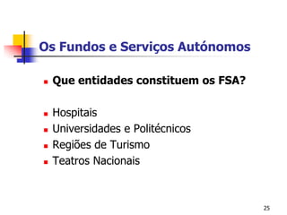 25Os Fundos e Serviços AutónomosQue entidades constituem os FSA?HospitaisUniversidades e PolitécnicosRegiões de TurismoTeatros Nacionais