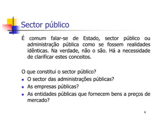 4Sector públicoÉ comum falar-se de Estado, sector público ou administração pública como se fossem realidades idênticas. Na verdade, não o são. Há a necessidade de clarificar estes conceitos.O que constitui o sector público?O sector das administrações públicas?As empresas públicas?As entidades públicas que fornecem bens a preços de mercado?