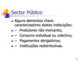Sector PúblicoAlguns elementos chave caracterizadores destas instituições:−	Produtores não-mercantis;−	Consumo individual ou colectivo;−	Pagamentos obrigatórios;−	Instituições redistributivas.6