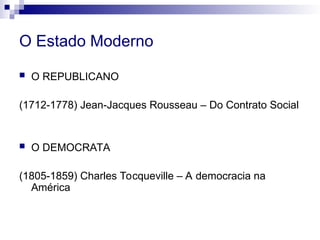 O Estado Moderno
 O REPUBLICANO
(1712-1778) Jean-Jacques Rousseau – Do Contrato Social
 O DEMOCRATA
(1805-1859) Charles Tocqueville – A democracia na
América
 