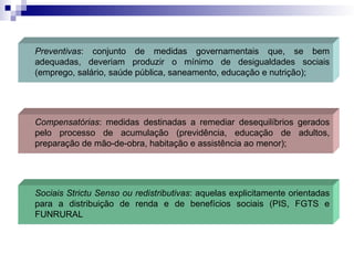 Preventivas: conjunto de medidas governamentais que, se bem
adequadas, deveriam produzir o mínimo de desigualdades sociais
(emprego, salário, saúde pública, saneamento, educação e nutrição);
Compensatórias: medidas destinadas a remediar desequilíbrios gerados
pelo processo de acumulação (previdência, educação de adultos,
preparação de mão-de-obra, habitação e assistência ao menor);
Sociais Strictu Senso ou redistributivas: aquelas explicitamente orientadas
para a distribuição de renda e de benefícios sociais (PIS, FGTS e
FUNRURAL
 