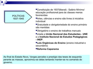 Constituição de 1937(liberal) : Salário Mínimo/
educação profissional para às classes menos
favorecidas
Artes, ciências e ensino são livres à iniciativa
individual
Gratuidade e obrigatoriedade do ensino primário
são mantidas
Obrigatório o ensino de trabalhos manuais
criada a União Nacional dos Estudantes - UNE
e o Instituto Nacional de Estudos Pedagógicos
- INEP.
Leis Orgânicas do Ensino (ensino industrial e
secundário)
Reforma Capanema
POLÍTICAS
1937-1945
Ao final do Estado Novo, Vargas percebe o prestígio das teses de esquerda
perante as massas, aproximou-se delas tentando manter-se no comando do
governo.
 