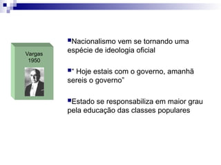 Vargas
1950
Nacionalismo vem se tornando uma
espécie de ideologia oficial
“ Hoje estais com o governo, amanhã
sereis o governo”
Estado se responsabiliza em maior grau
pela educação das classes populares
 
