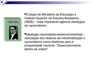 Café Filho
Criação do Ministério da Educação e
Instituto Superior de Estudos Brasileiros
(ISEB) – mais importante agência ideológica
do nacionalismo
Ideologia nacionalista-desenvolvimentista :
veiculação dos ideários da industrialização e
nacionalismo como diretrizes para a
prosperidade nacional. “Desenvolvimento
dentro da ordem”
 