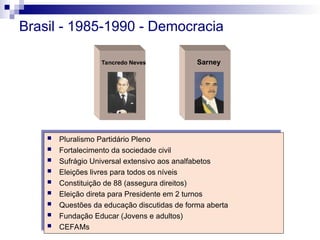 Brasil - 1985-1990 - Democracia
Tancredo Neves Sarney
 Pluralismo Partidário Pleno
 Fortalecimento da sociedade civil
 Sufrágio Universal extensivo aos analfabetos
 Eleições livres para todos os níveis
 Constituição de 88 (assegura direitos)
 Eleição direta para Presidente em 2 turnos
 Questões da educação discutidas de forma aberta
 Fundação Educar (Jovens e adultos)
 CEFAMs
 