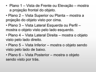 • Plano 1 – Vista de Frente ou Elevação – mostra
a projeção frontal do objeto.
• Plano 2 – Vista Superior ou Planta – mostra a
projeção do objeto visto por cima.
• Plano 3 – Vista Lateral Esquerda ou Perfil –
mostra o objeto visto pelo lado esquerdo.
• Plano 4 – Vista Lateral Direita – mostra o objeto
visto pelo lado direito.
• Plano 5 – Vista Inferior – mostra o objeto sendo
visto pelo lado de baixo.
• Plano 6 – Vista Posterior – mostra o objeto
sendo visto por trás.
 
