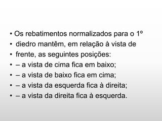 • Os rebatimentos normalizados para o 1º
• diedro mantêm, em relação à vista de
• frente, as seguintes posições:
• – a vista de cima fica em baixo;
• – a vista de baixo fica em cima;
• – a vista da esquerda fica à direita;
• – a vista da direita fica à esquerda.
 