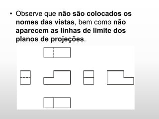 • Observe que não são colocados os
nomes das vistas, bem como não
aparecem as linhas de limite dos
planos de projeções.
 