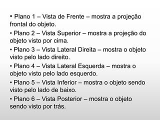 • Plano 1 – Vista de Frente – mostra a projeção
frontal do objeto.
• Plano 2 – Vista Superior – mostra a projeção do
objeto visto por cima.
• Plano 3 – Vista Lateral Direita – mostra o objeto
visto pelo lado direito.
• Plano 4 – Vista Lateral Esquerda – mostra o
objeto visto pelo lado esquerdo.
• Plano 5 – Vista Inferior – mostra o objeto sendo
visto pelo lado de baixo.
• Plano 6 – Vista Posterior – mostra o objeto
sendo visto por trás.
 