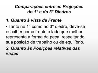 Comparações entre as Projeções
do 1° e do 3° Diedros
1. Quanto à vista de Frente
• Tanto no 1° como no 3° diedro, deve-se
escolher como frente o lado que melhor
representa a forma da peça, respeitando
sua posição de trabalho ou de equilíbrio.
2. Quanto às Posições relativas das
vistas
 