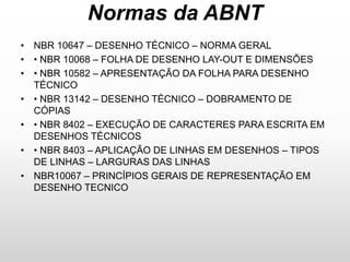 Normas da ABNT
• NBR 10647 – DESENHO TÉCNICO – NORMA GERAL
• • NBR 10068 – FOLHA DE DESENHO LAY-OUT E DIMENSÕES
• • NBR 10582 – APRESENTAÇÃO DA FOLHA PARA DESENHO
TÉCNICO
• • NBR 13142 – DESENHO TÉCNICO – DOBRAMENTO DE
CÓPIAS
• • NBR 8402 – EXECUÇÃO DE CARACTERES PARA ESCRITA EM
DESENHOS TÉCNICOS
• • NBR 8403 – APLICAÇÃO DE LINHAS EM DESENHOS – TIPOS
DE LINHAS – LARGURAS DAS LINHAS
• NBR10067 – PRINCÍPIOS GERAIS DE REPRESENTAÇÃO EM
DESENHO TECNICO
 