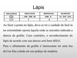 Lápis
Ao fazer a ponta no lápis, deve-se ter o cuidado de fazê-la
na extremidade oposta àquela onde se encontra indicada a
dureza da grafite. Caso contrário, o reconhecimento do
lápis de acordo com sua dureza será bem difícil.
Para o afinamento da grafite é interessante ter uma tira
de1ixa fina colada em um pedaço de madeira.
 