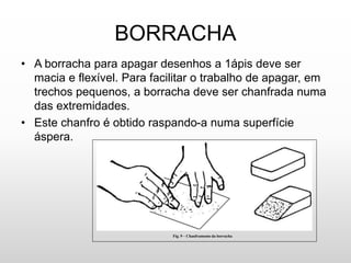 BORRACHA
• A borracha para apagar desenhos a 1ápis deve ser
macia e flexível. Para facilitar o trabalho de apagar, em
trechos pequenos, a borracha deve ser chanfrada numa
das extremidades.
• Este chanfro é obtido raspando-a numa superfície
áspera.
Fig. 9 – Chanframento da borracha
 
