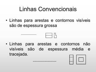 Linhas Convencionais
• Linhas para arestas e contornos visíveis
são de espessura grossa
• Linhas para arestas e contornos não
visíveis são de espessura média e
tracejada.
 