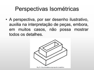 Perspectivas Isométricas
• A perspectiva, por ser desenho ilustrativo,
auxilia na interpretação de peças, embora,
em muitos casos, não possa mostrar
todos os detalhes.
 