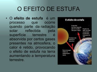 O EFEITO DE ESTUFA
• O efeito de estufa é um
  processo        que     ocorre
  quando parte da radiação
  solar      reflectida     pela
  superfície      terrestre    é
  absorvida por certos gases
  presentes na atmosfera, o
  calor é retido, provocando
  o efeito de estufa na terra
  aumentando a temperatura
  terrestre.
 