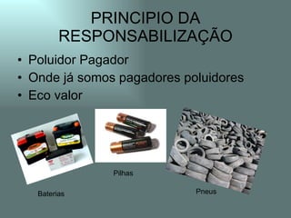 PRINCIPIO DA
         RESPONSABILIZAÇÃO
• Poluidor Pagador
• Onde já somos pagadores poluidores
• Eco valor




               Pilhas

   Baterias                 Pneus
 