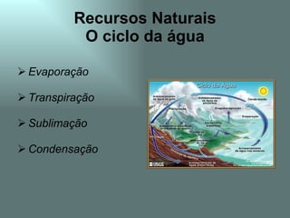 Recursos Naturais
           O ciclo da água

 Evaporação

 Transpiração

 Sublimação

 Condensação
 